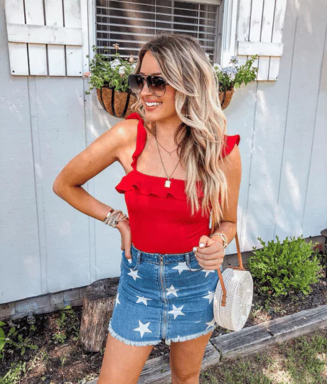 Red Top + Denim Star Skirt